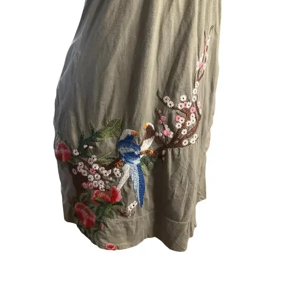 Women M Johnny Was JWLA V-Neck Embroidered Floral Bird Green Cotton Tunic Dress - Picture 3 of 8